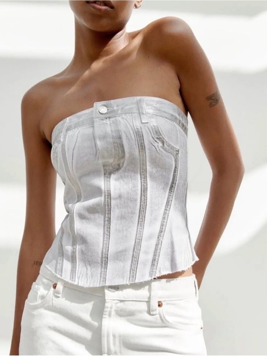 Zara Tops - ZARA $80 Metallic Strapless White Denim Corset Top Medium